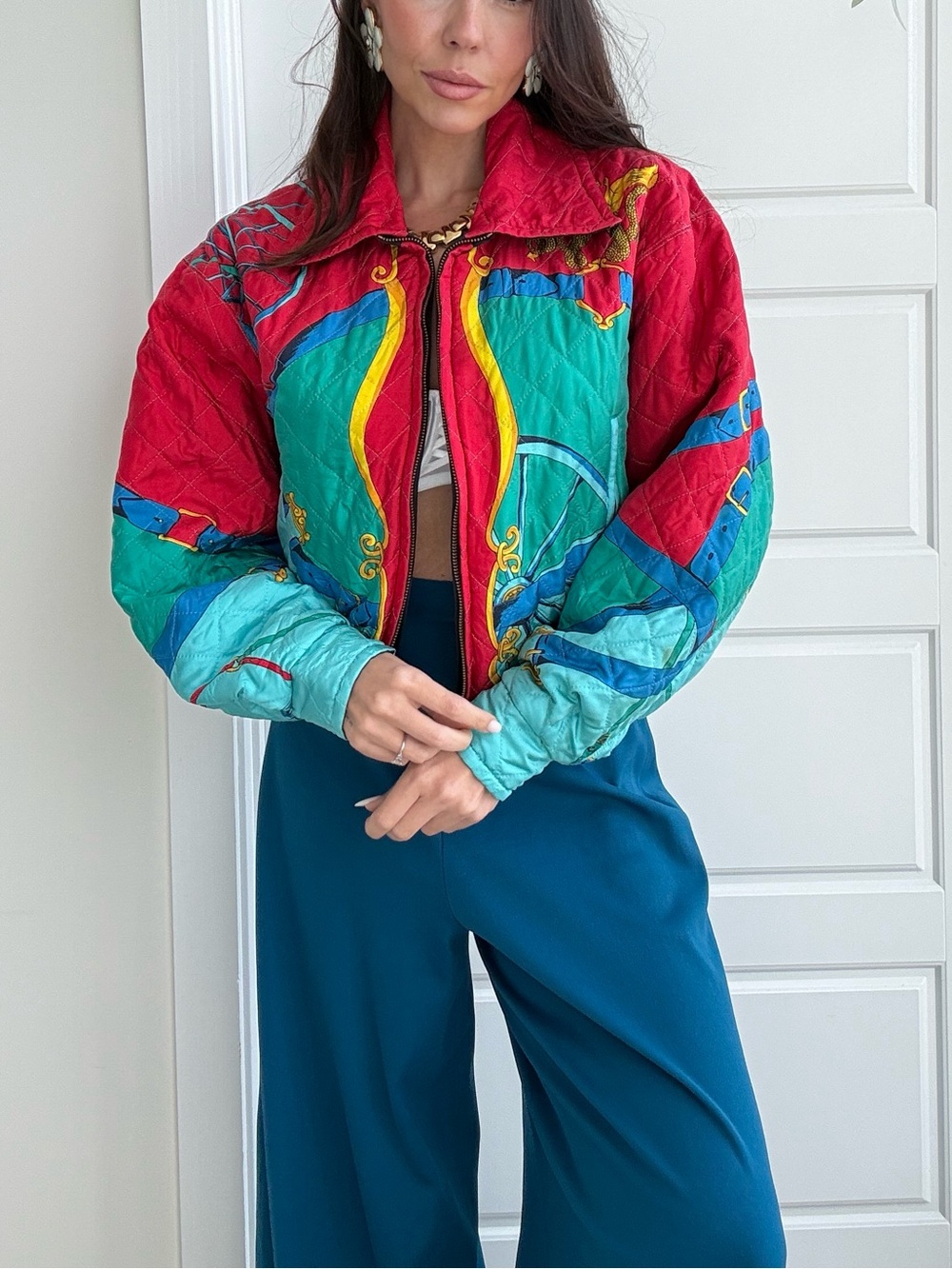 Vintage Laurel Silk Vibrant Color block Quilted Reversible Bomber Jacket